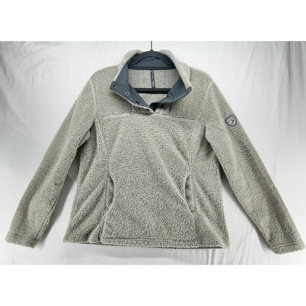 KUHL Avalon Gray Sherpa Fleece Pullover Snap Neck Kangaroo Pocket Womens Medium